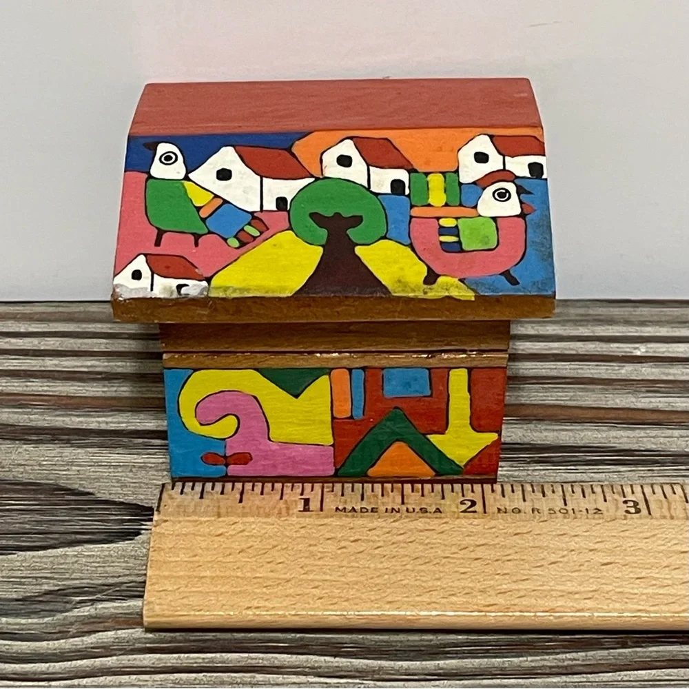 Handcrafted Colorful Folk Art Wooden Miniature Trinket Box Made in Honduras